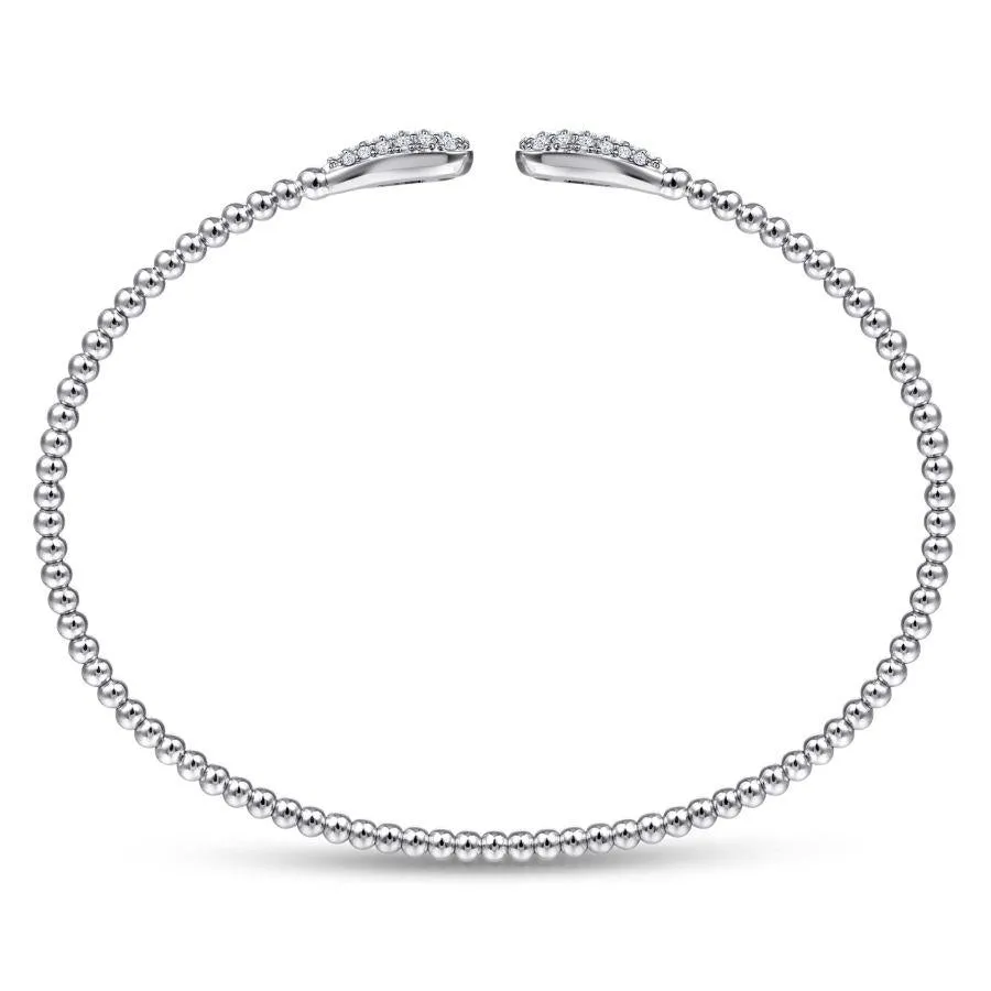 14K White Gold Bead Cuff Bracelet with Diamond Pave Teardrops