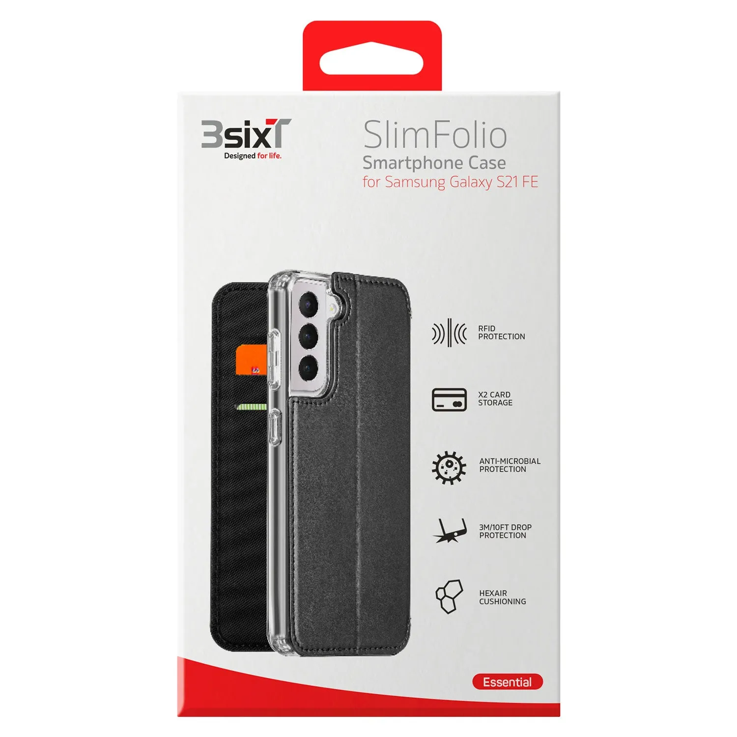 3sixT Samsung Galaxy S21 FE 5G Case SlimFolio Card Wallet Rugged Black