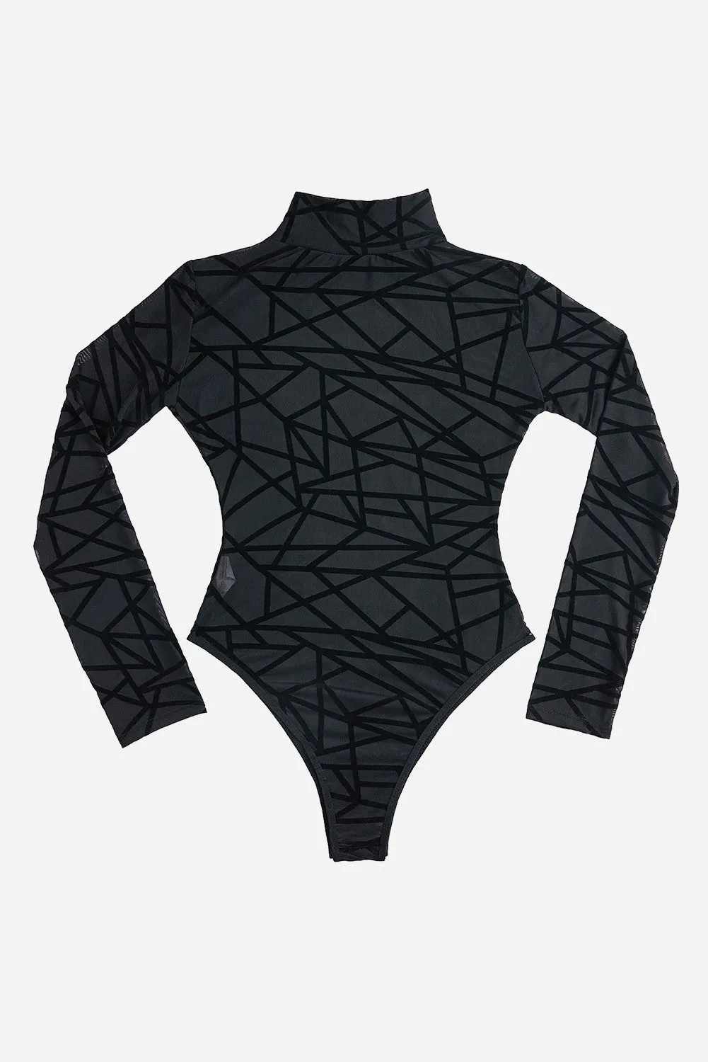 Black Geometric Mesh Velvet Bodysuit