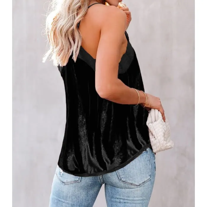 Black Lace Trim Velvet Camisole