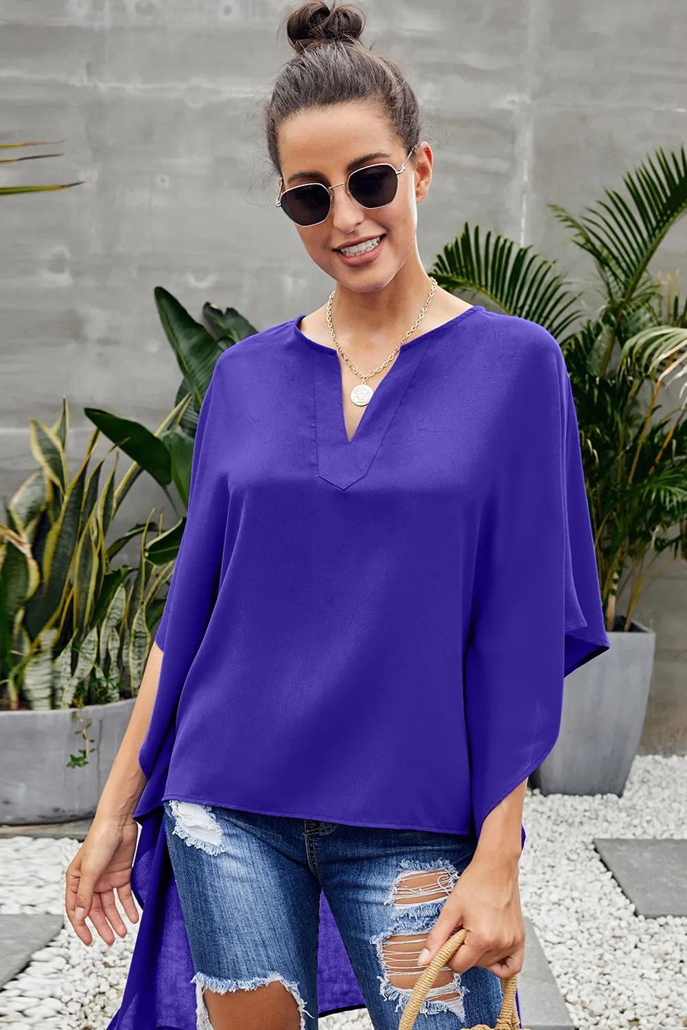 Blue Chic High Low Flowy Style Blouses Top