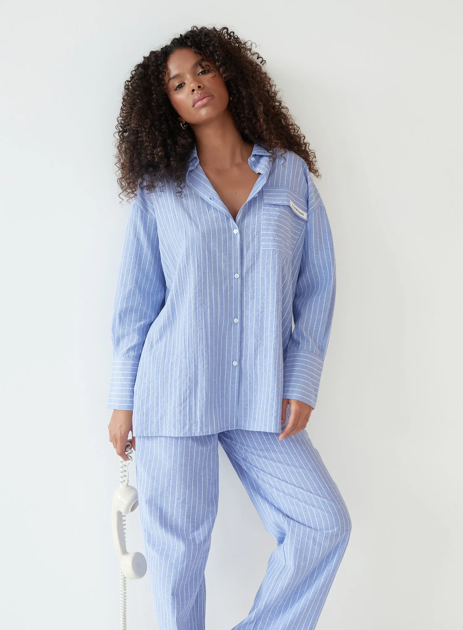 Blue Pinstripe Cotton Blend Pyjama Shirt - Cabo