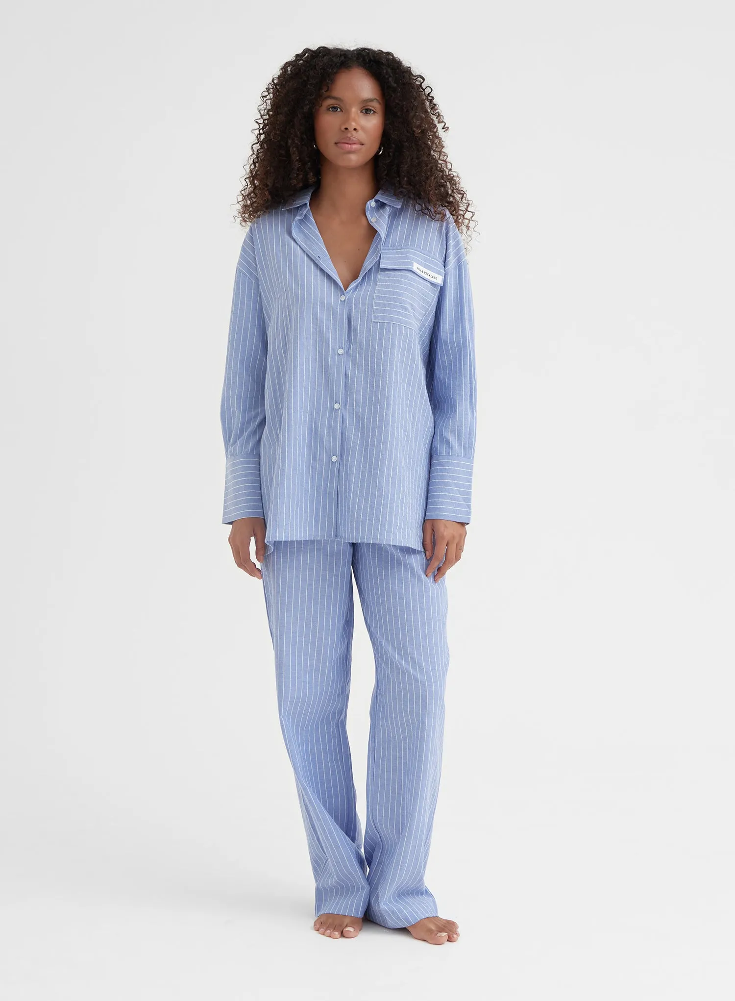 Blue Pinstripe Cotton Blend Pyjama Shirt - Cabo