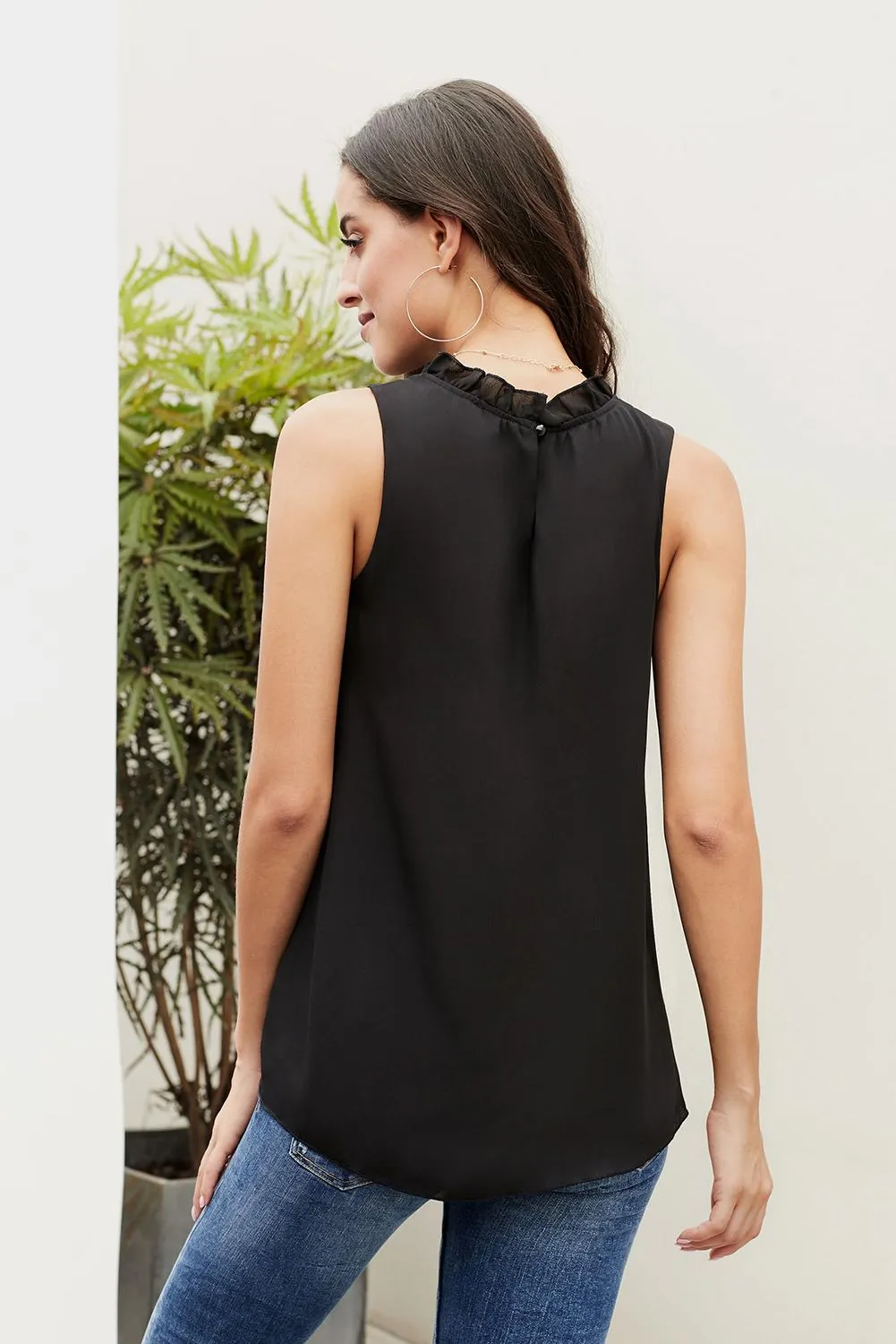 Chic Black Ruffle Trim Neckline Tank Top