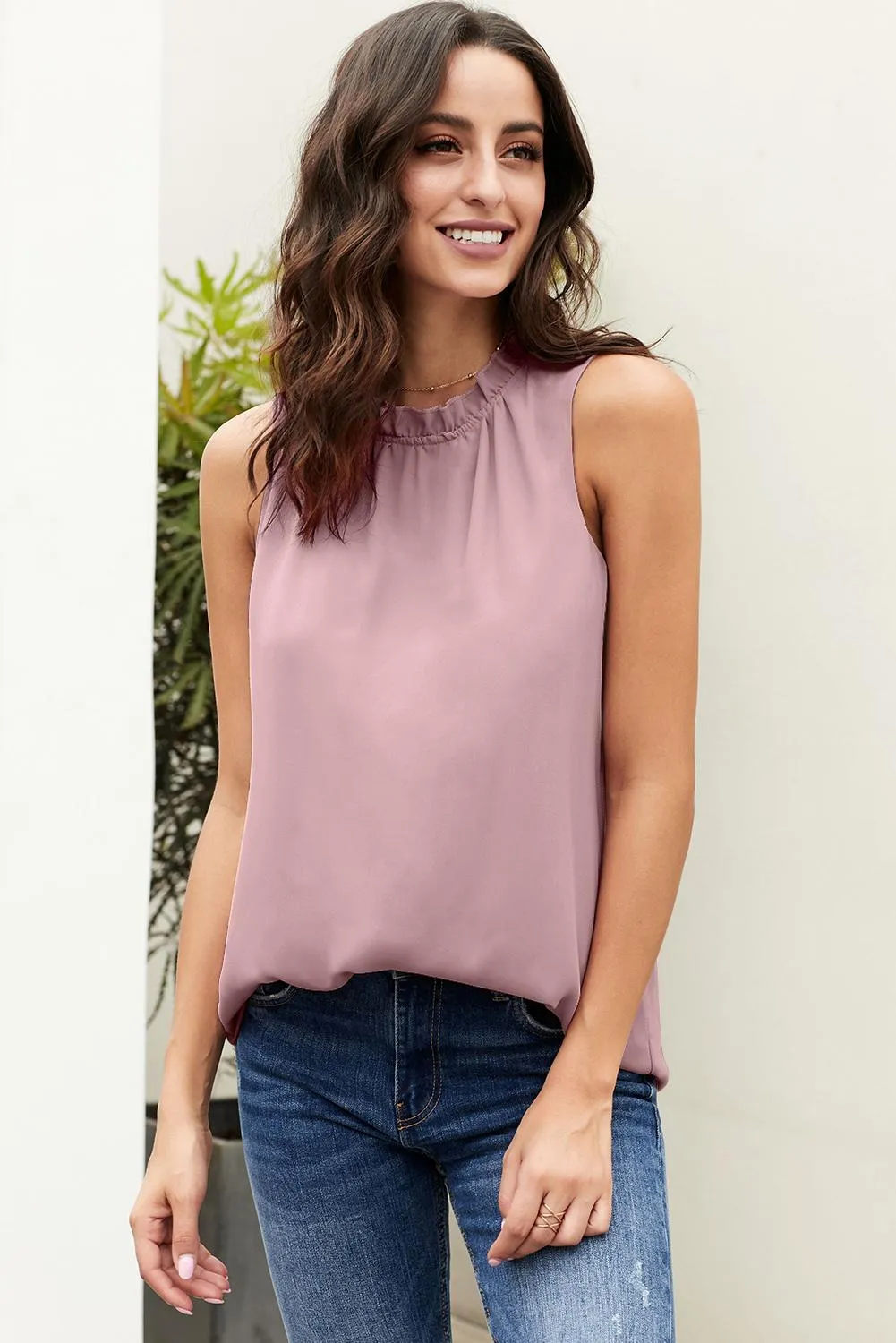 Chic Pink Ruffle Trim Neckline Tank Top