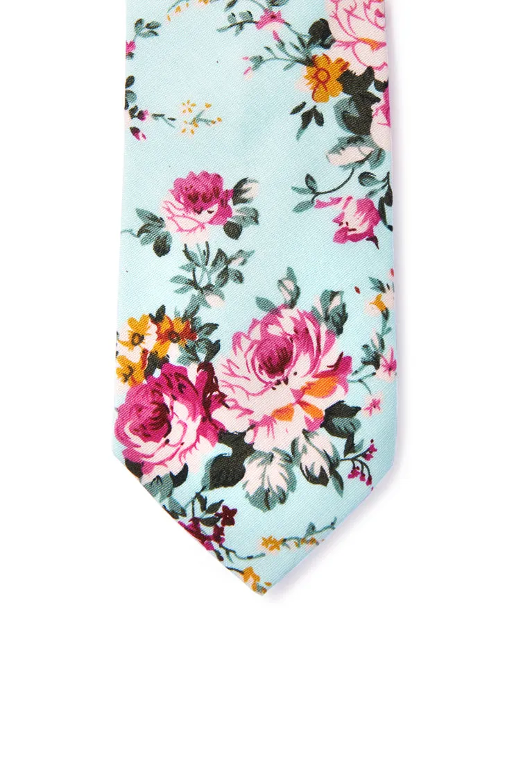 Frederick Shabby Chic Floral Print Necktie - Aqua Blue