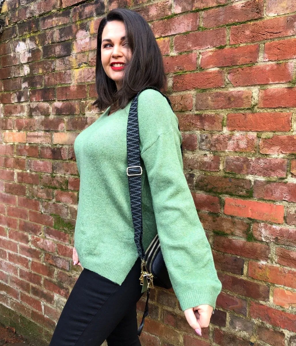 Green Relaxed V Neck Jumper