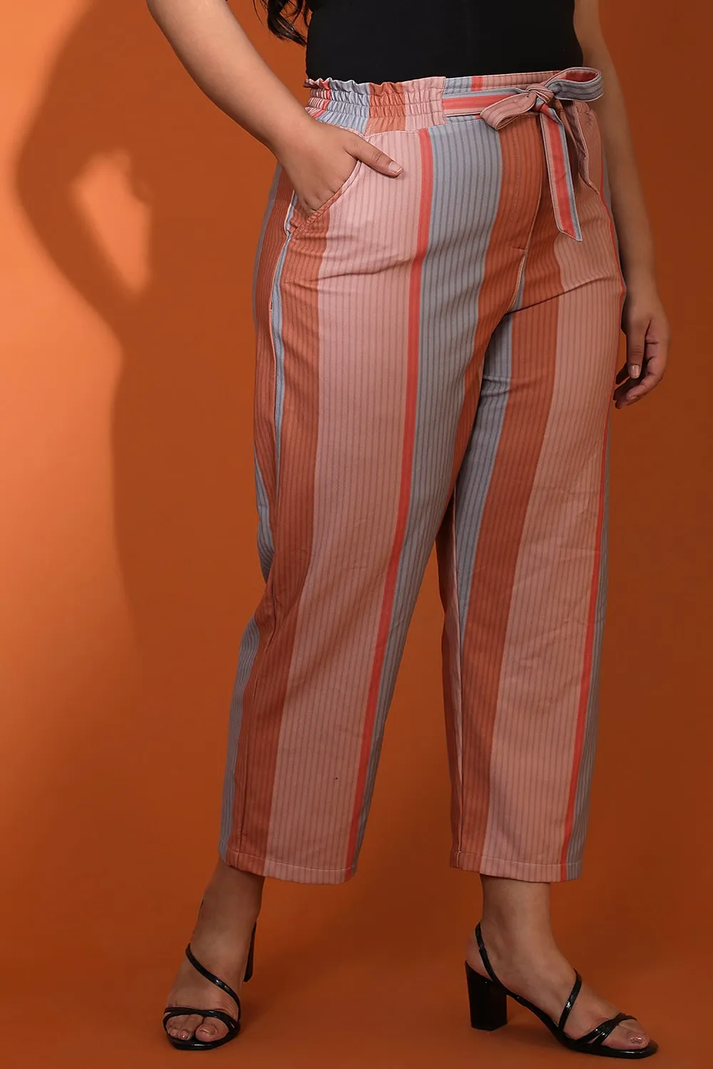 Grey Muted Rose Stripe High Waist Pants