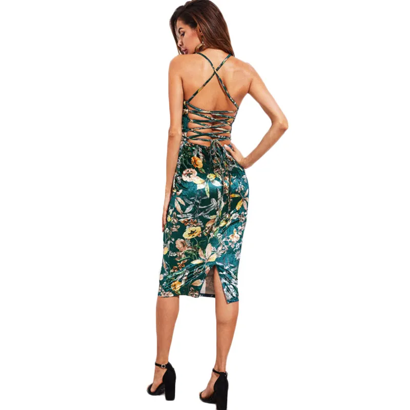 Lace Up Back Floral Velvet