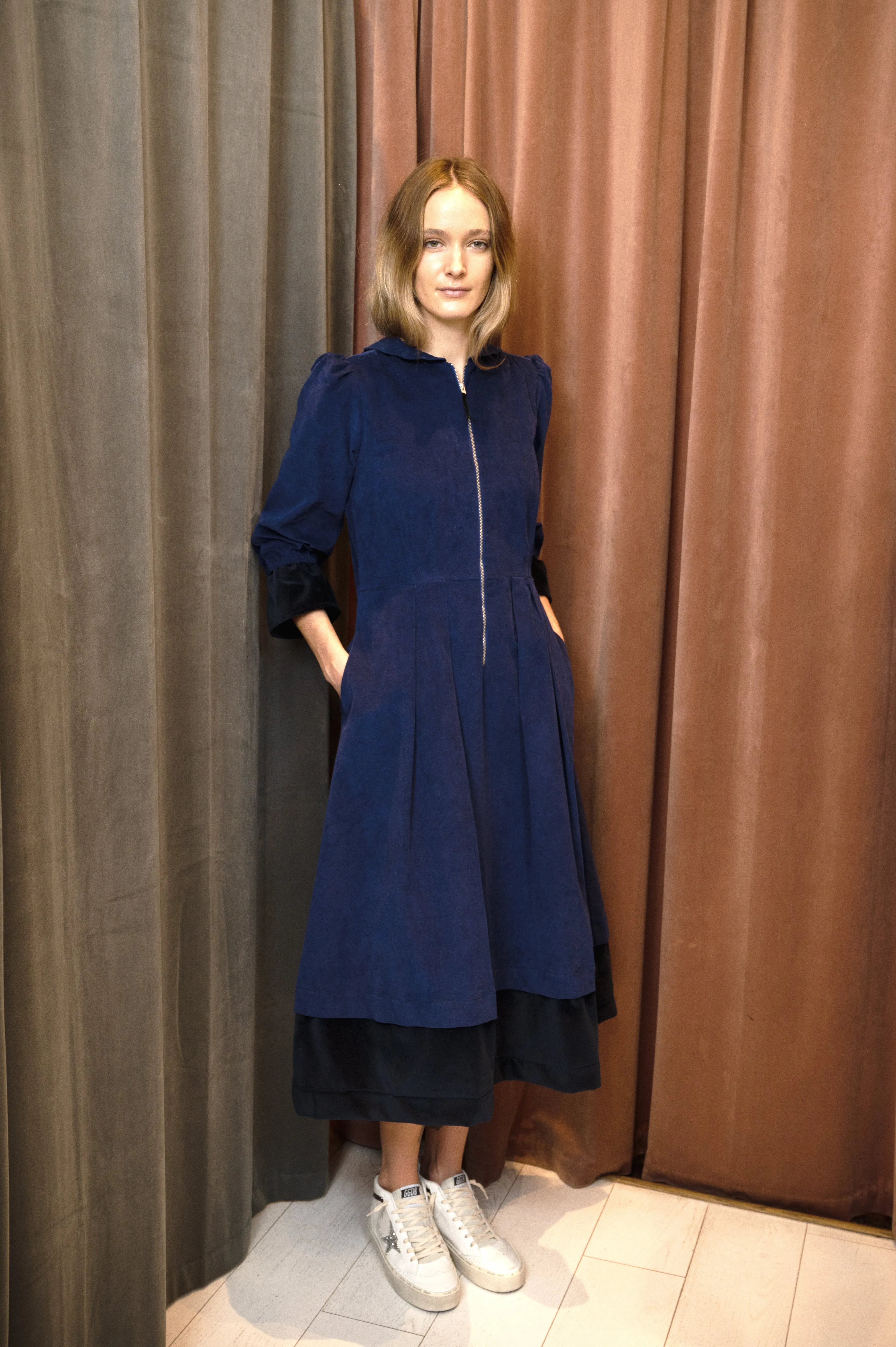 Longer Blue Pincord & Velvet Sonnet Dress