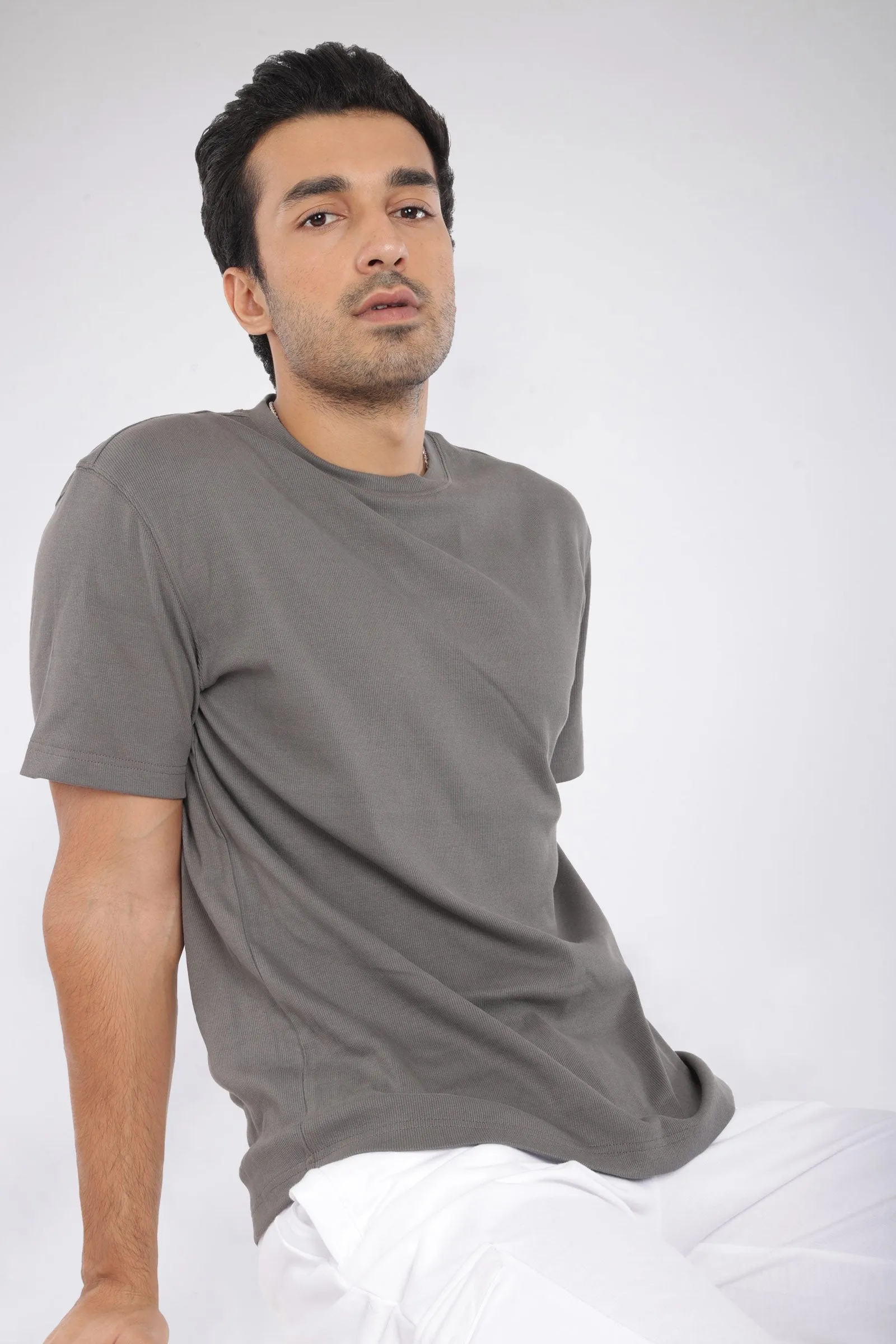 Mens Grey Ribbed Relaxed Fit T-shirt