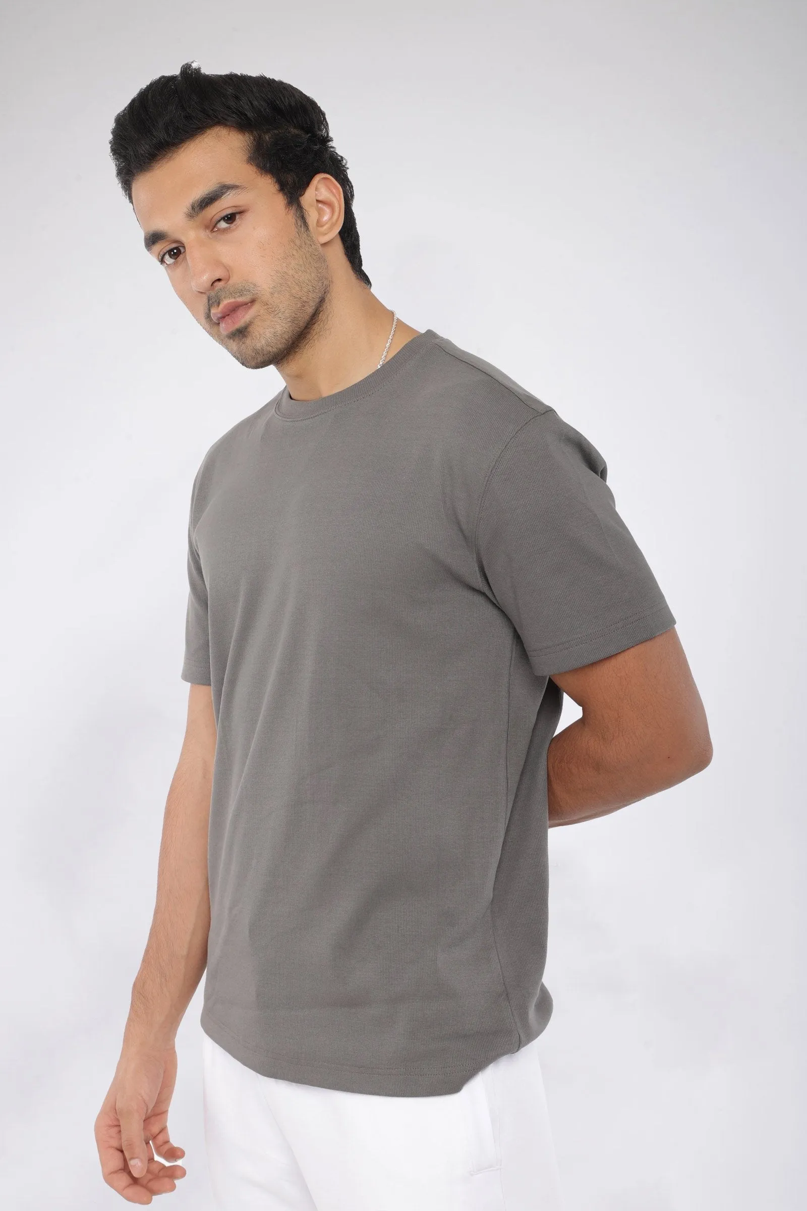 Mens Grey Ribbed Relaxed Fit T-shirt