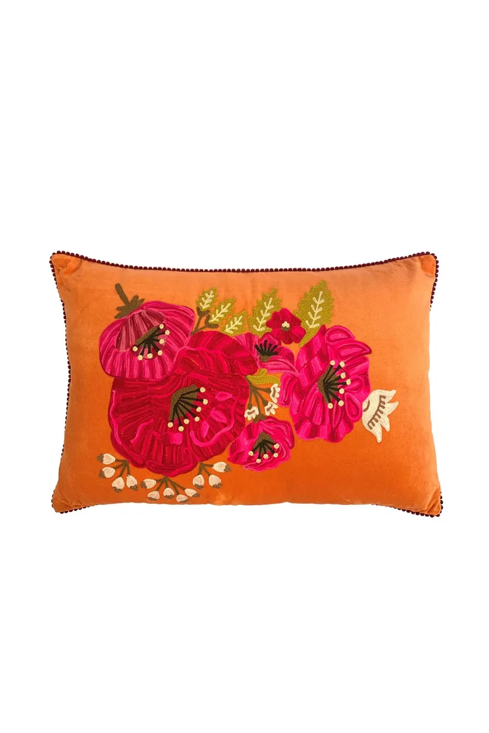 PEONIES VELVET CUSHION TANGERINE