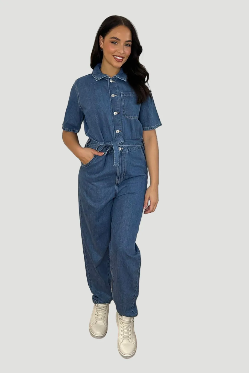 Relaxed Fit Waist Tie Denim Boiler Jumpsuit