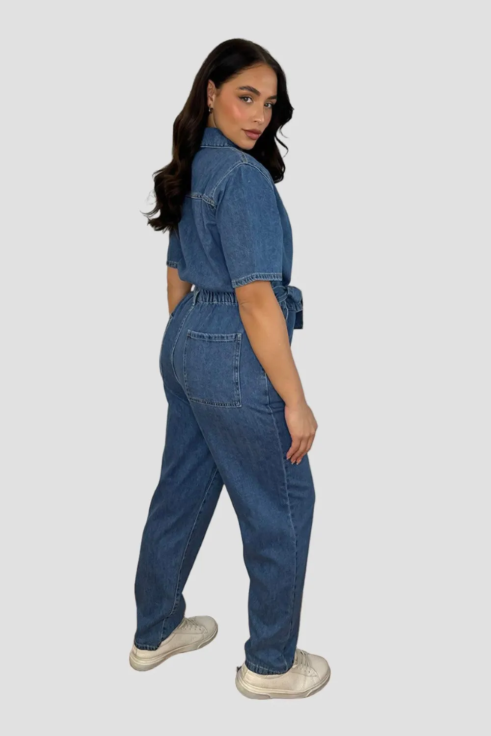 Relaxed Fit Waist Tie Denim Boiler Jumpsuit