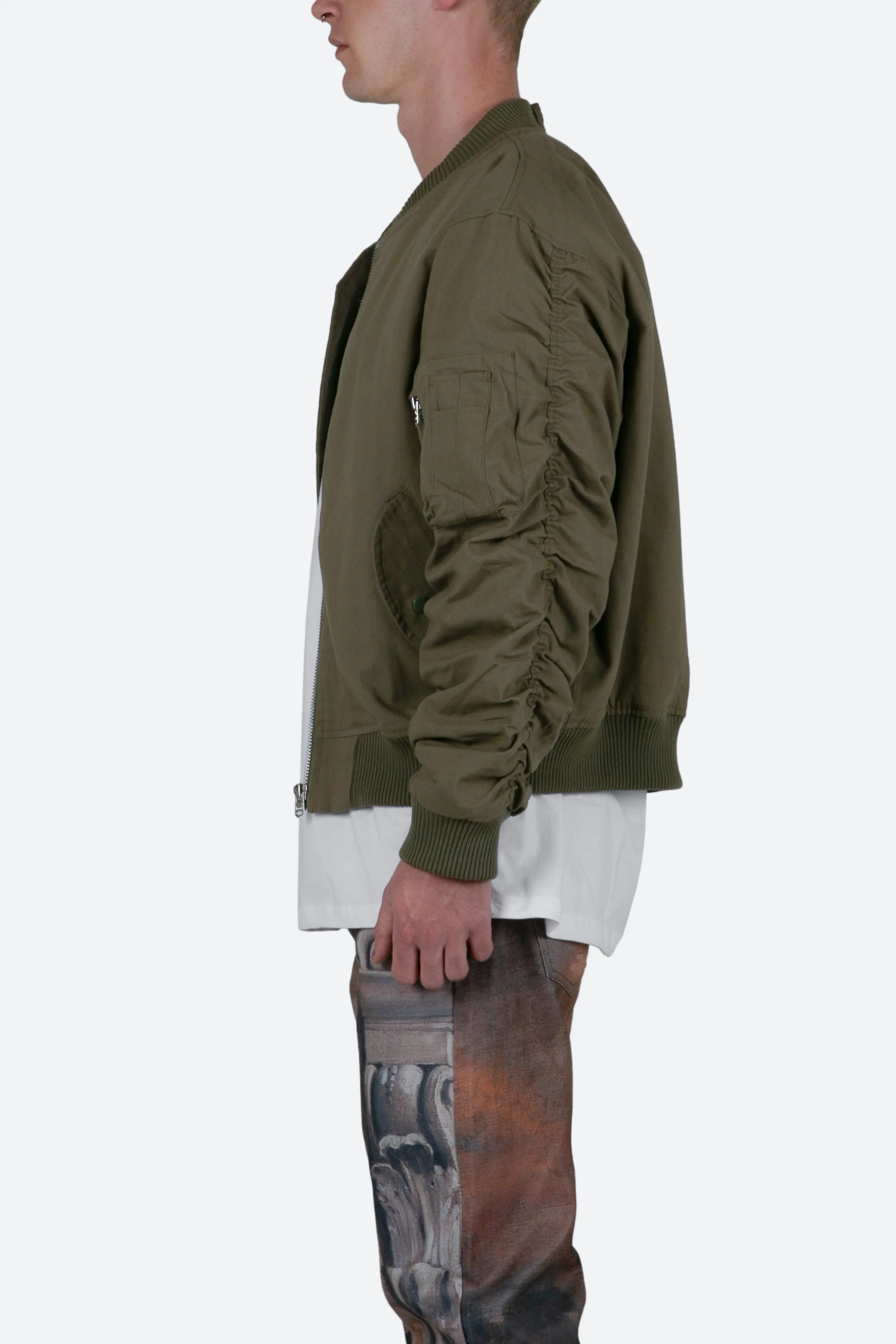 Ruched Bomber Jacket - Olive