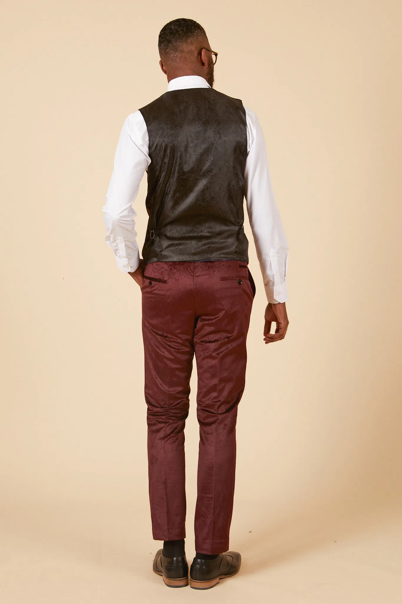 SIMON - Wine Velvet Jacquard Waistcoat