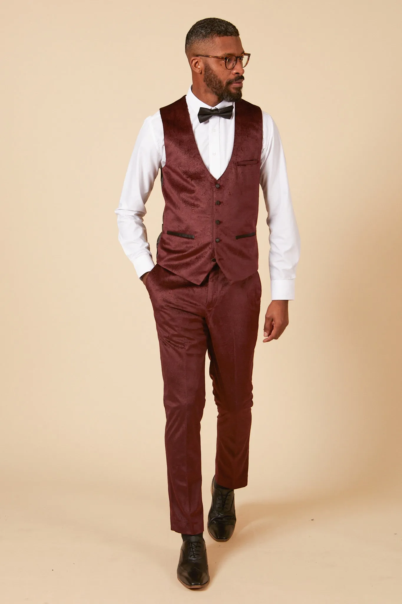 SIMON - Wine Velvet Jacquard Waistcoat