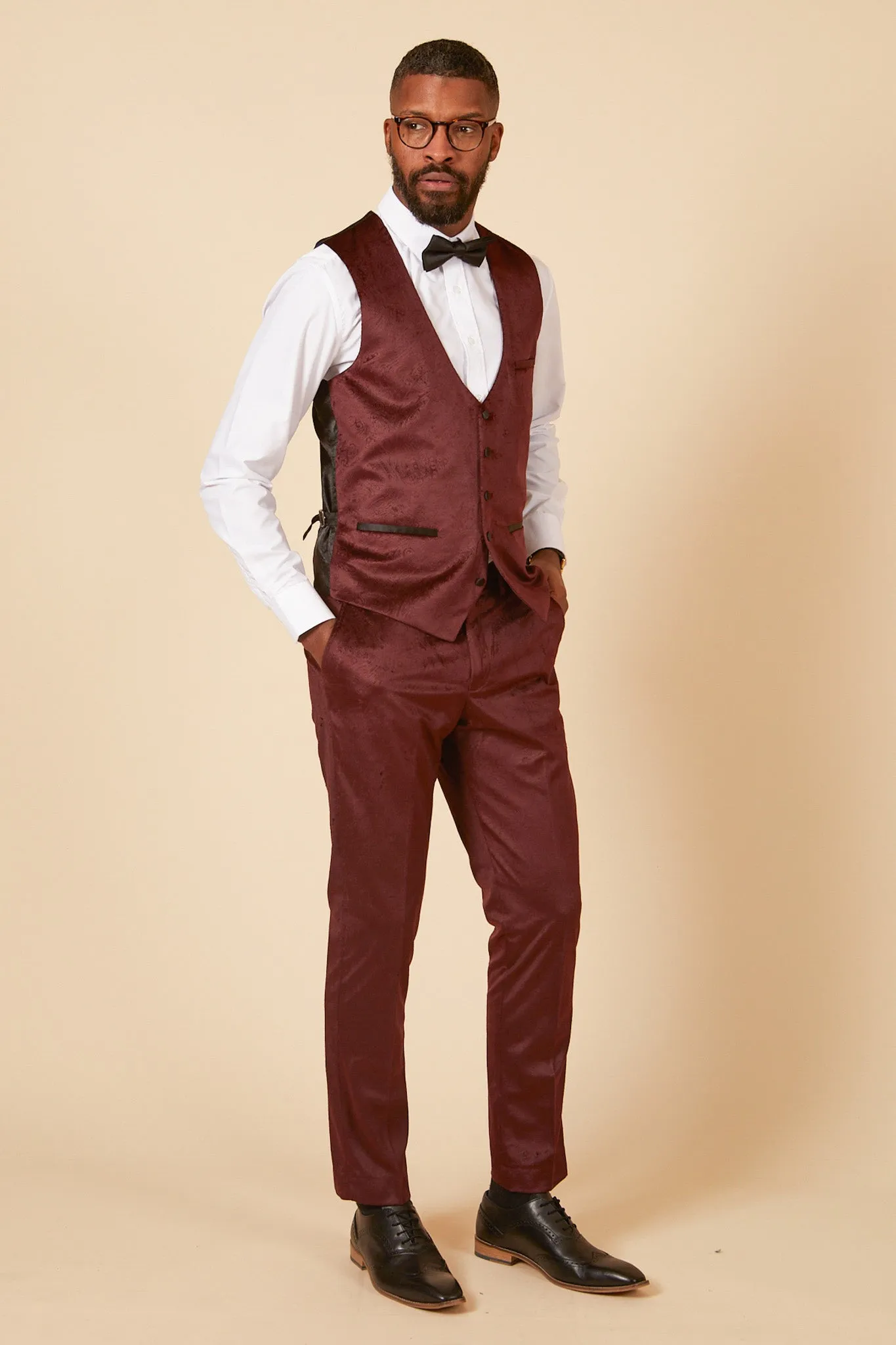 SIMON - Wine Velvet Jacquard Waistcoat