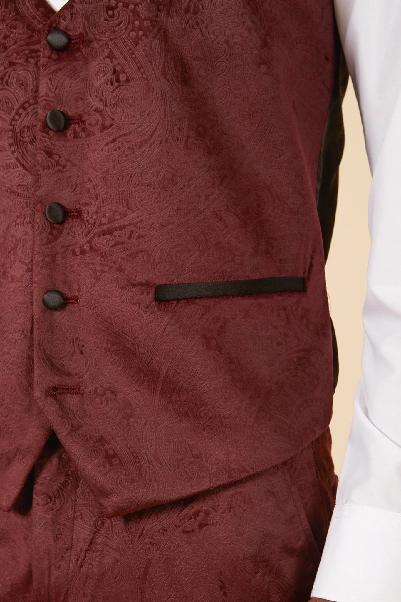 SIMON - Wine Velvet Jacquard Waistcoat