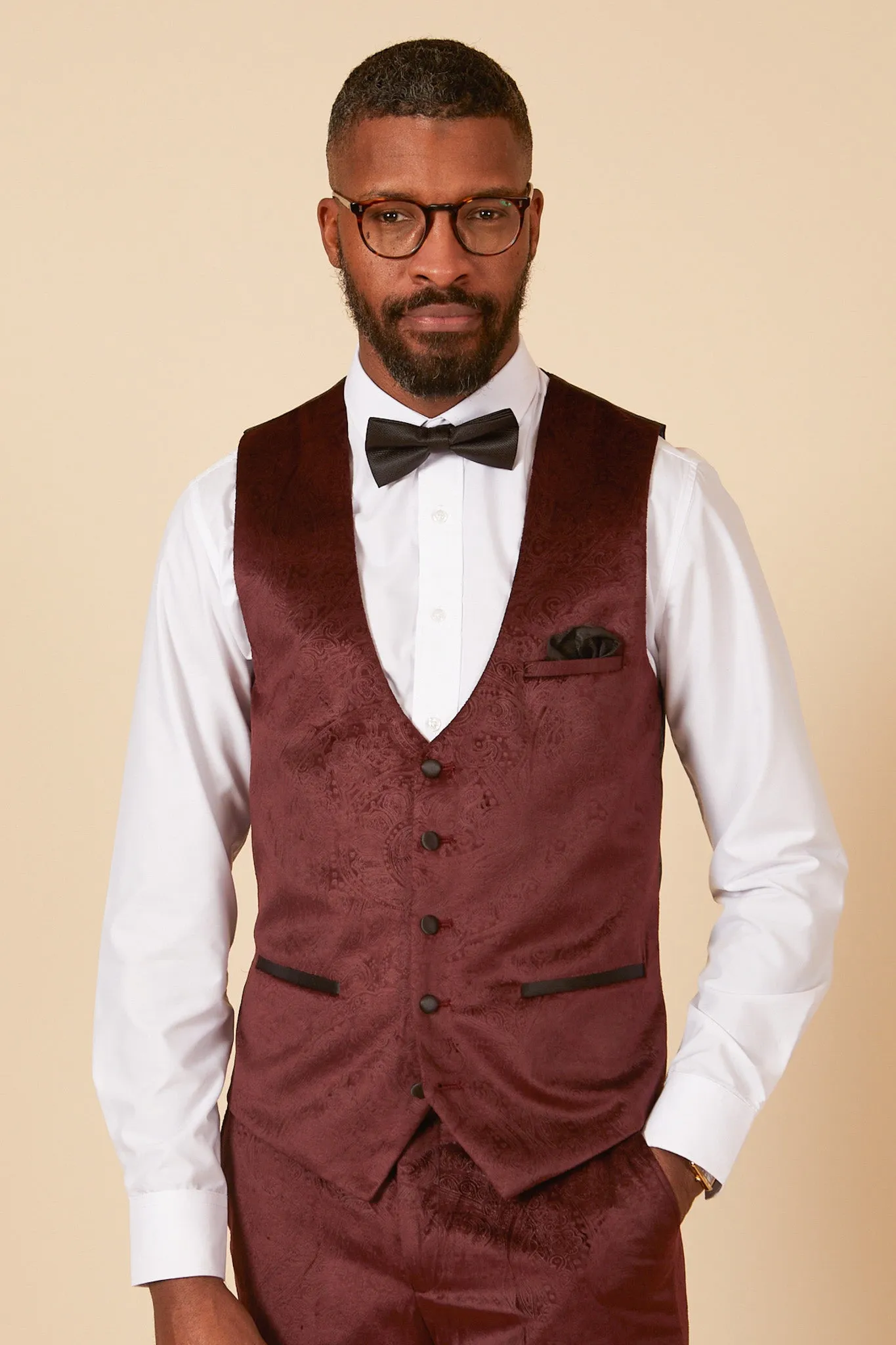 SIMON - Wine Velvet Jacquard Waistcoat