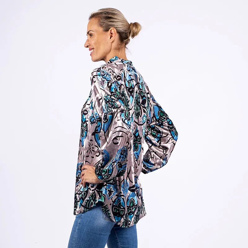 Velvet Ruffle Blouse - Silver & Cobalt