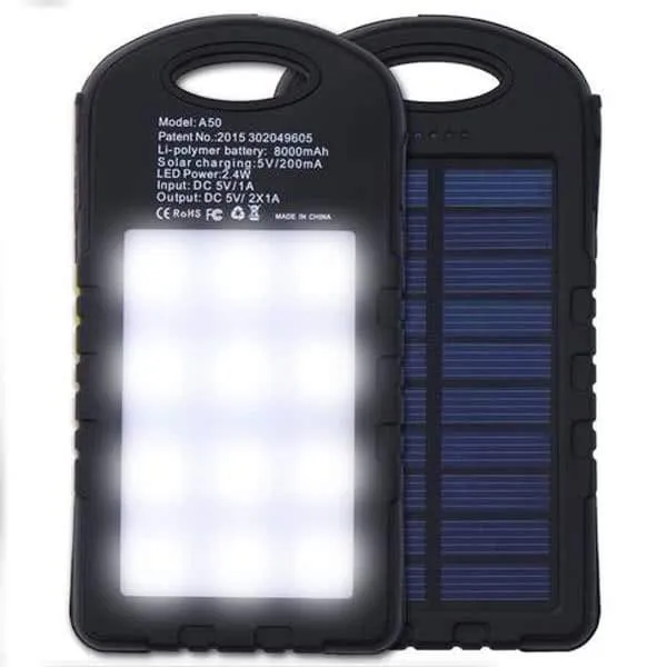 Water-Resistant 8,000mAH Rugged Solar Dual-USB Charger and LED Light