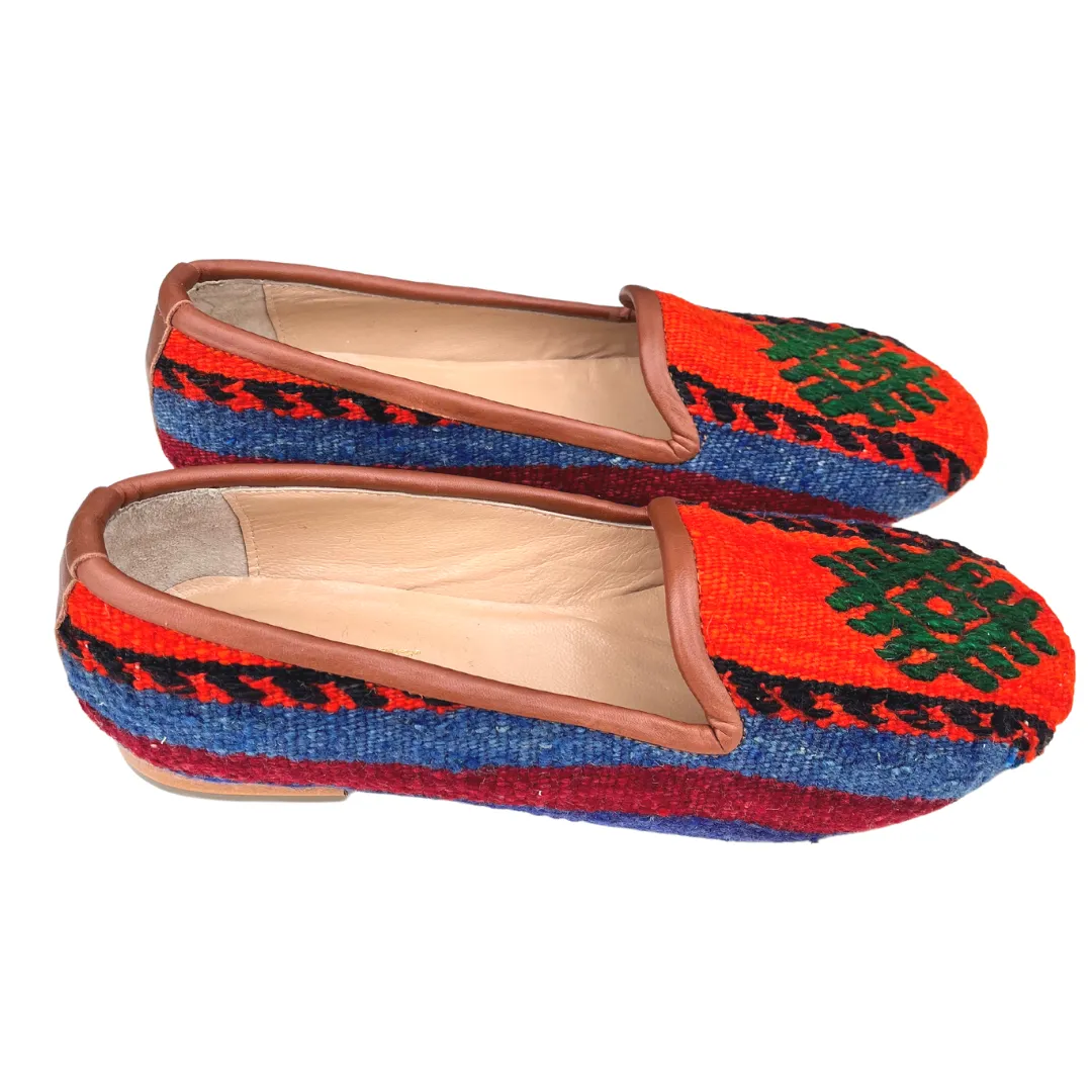 Women's Turkish Kilim Loafers | Bright Red with Patterns